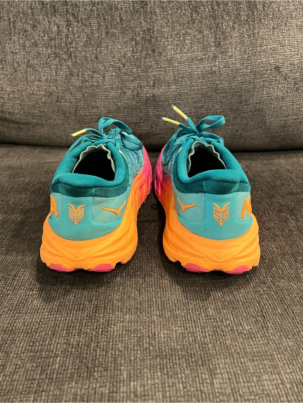 Hoka Teal Pink Orange Running Shoes - Picture 3 of 7